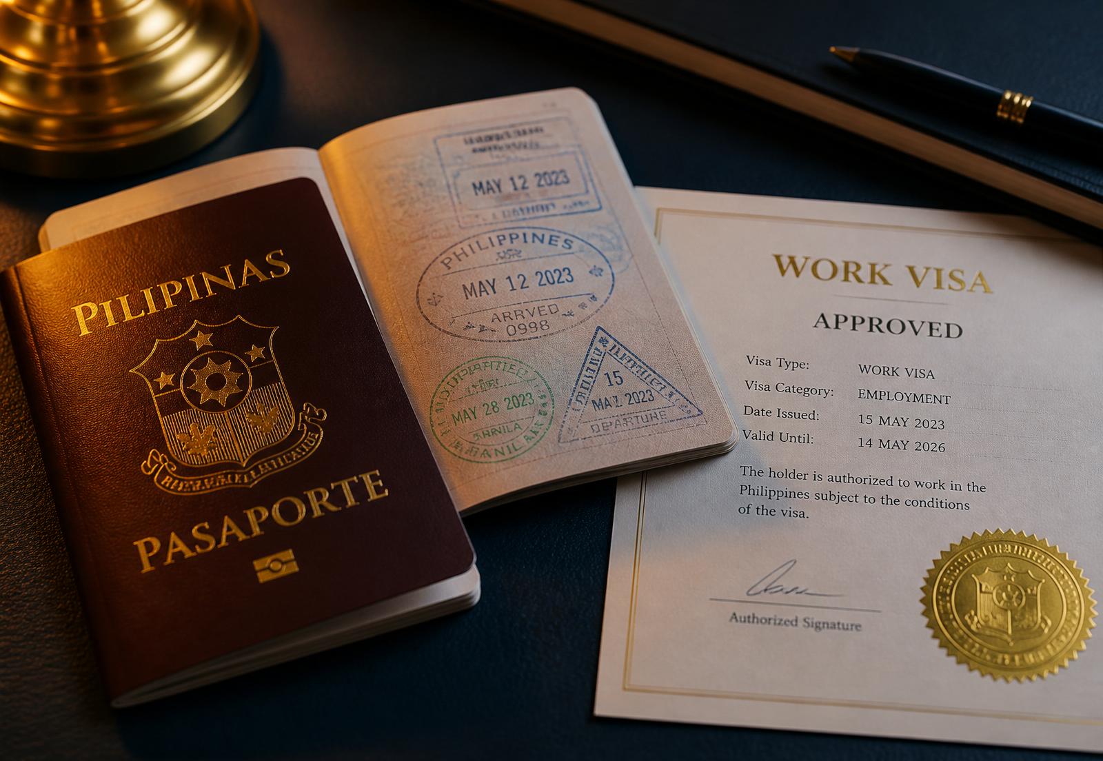 Philippines passport with visa stamps and approved work visa document