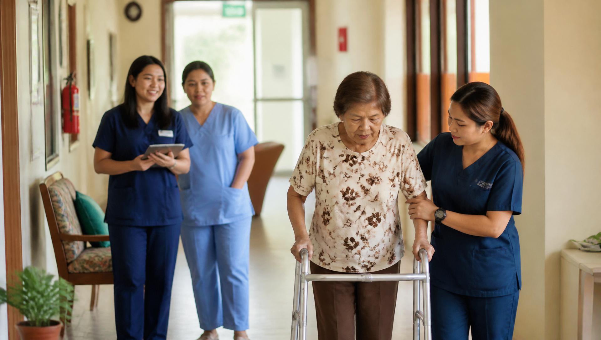 Filipino caregivers in scrubs assisting an elderly resident in an assisted living facility