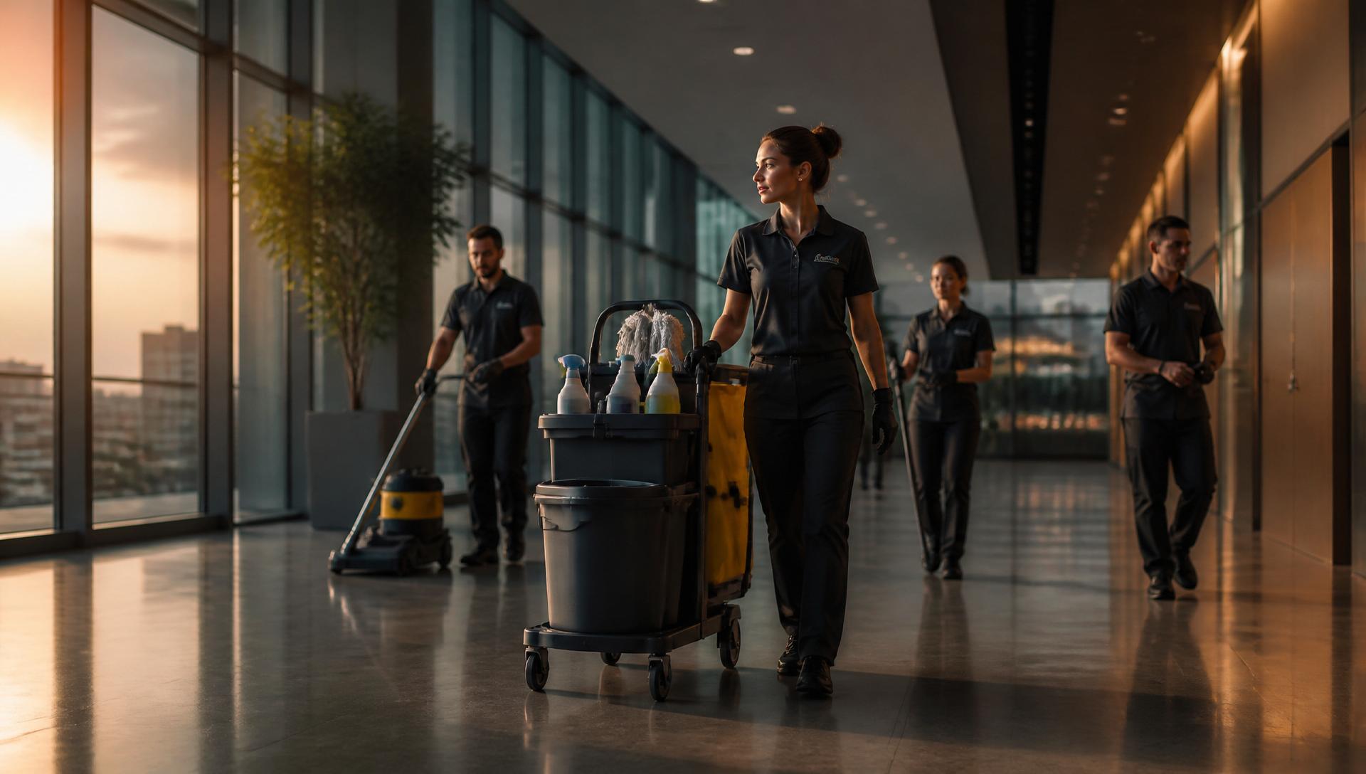 Cleaning team with equipment trolley in a modern commercial building