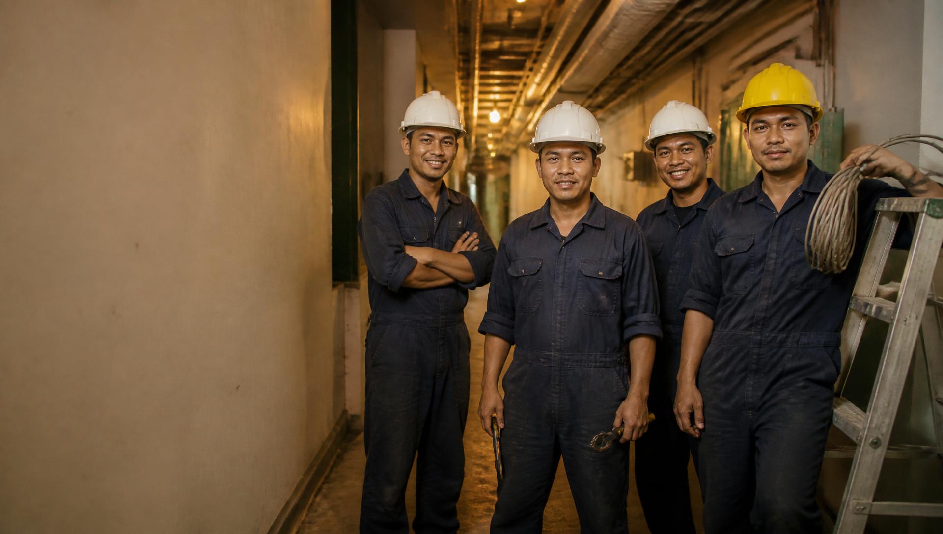 Facility maintenance team walking through a modern commercial building with tools
