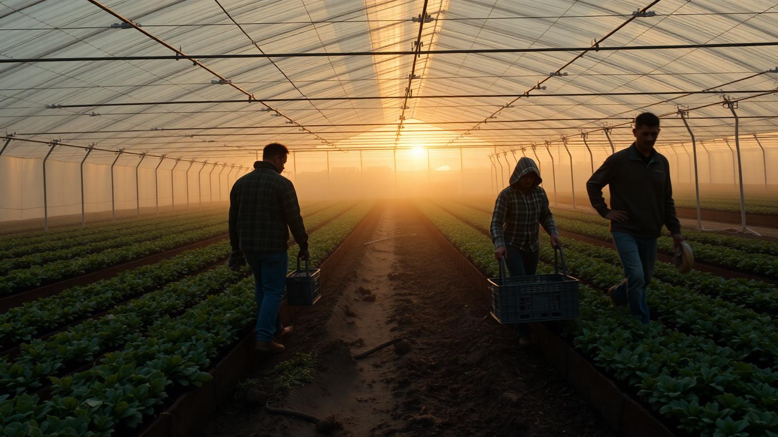 Farm team carrying produce crates through a greenhouse at sunrise