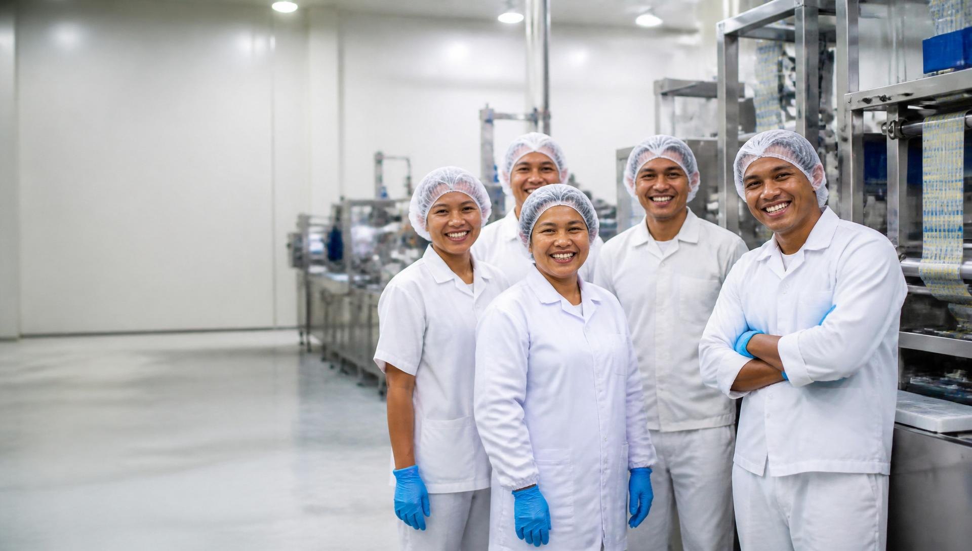 Filipino food production team in white hygiene uniforms inside a modern food manufacturing plant