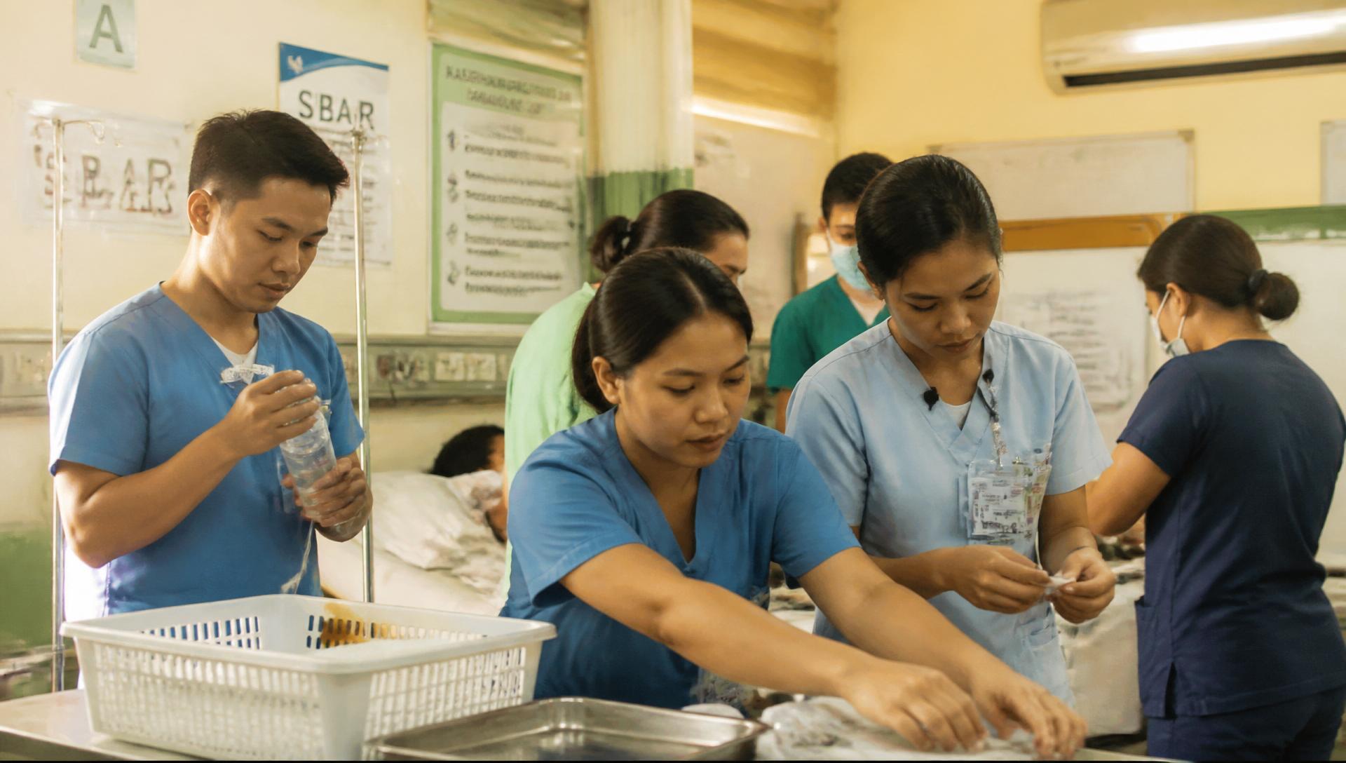 Filipino healthcare assistants working together on a hospital ward