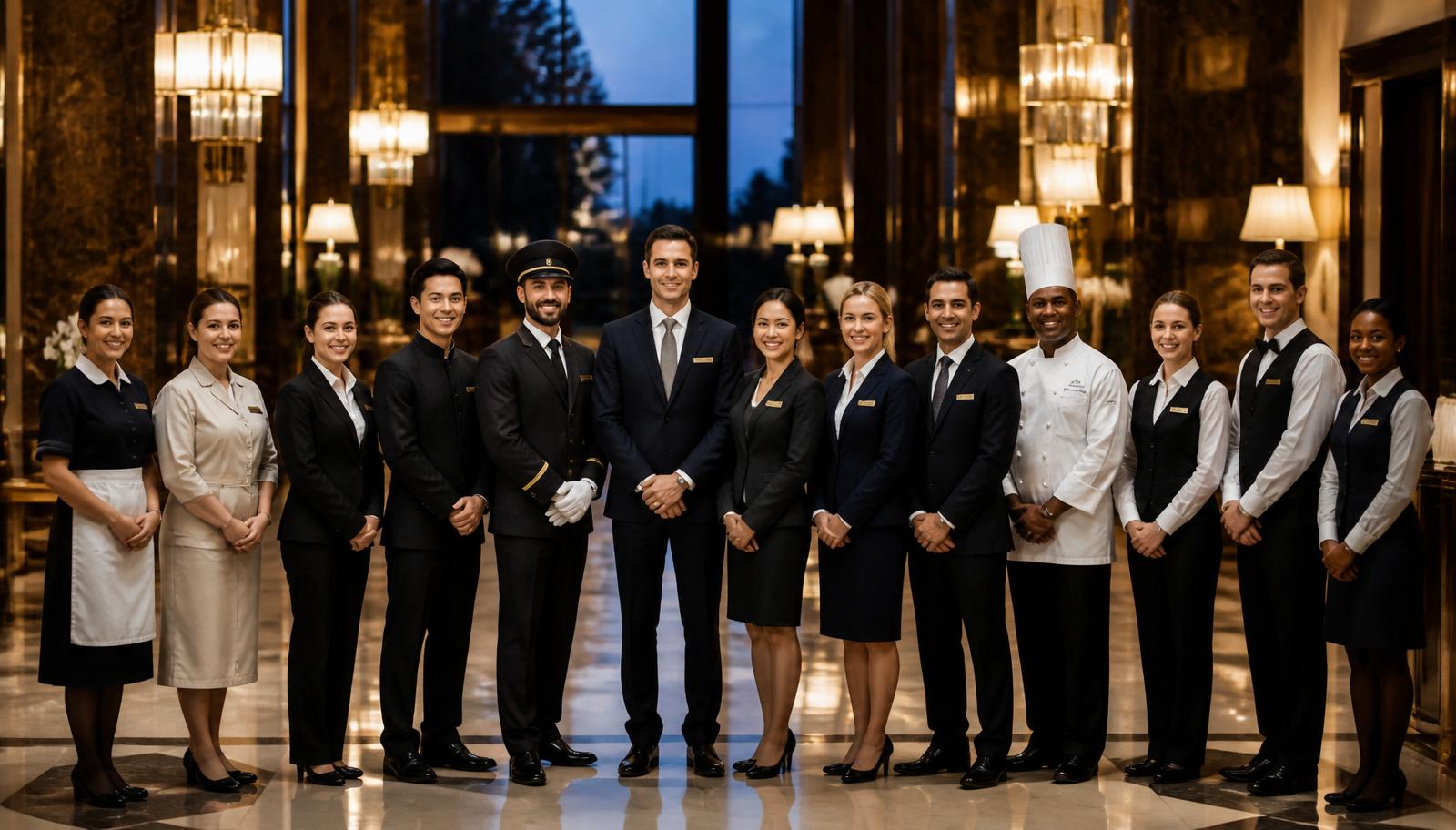Hotel team lined up in a luxury lobby ready for service