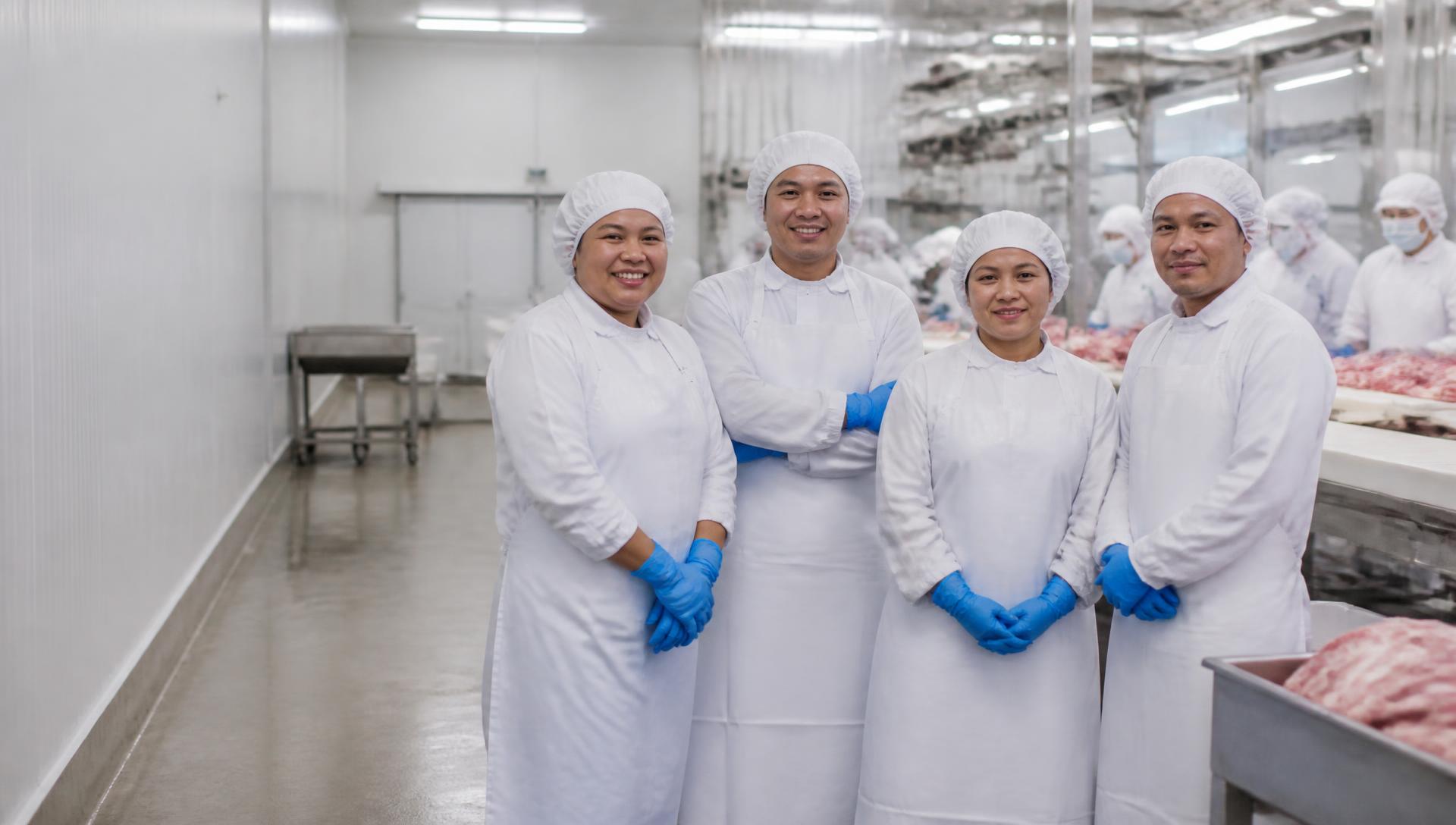 Food processing team in white hygiene uniforms working a stainless steel packing line