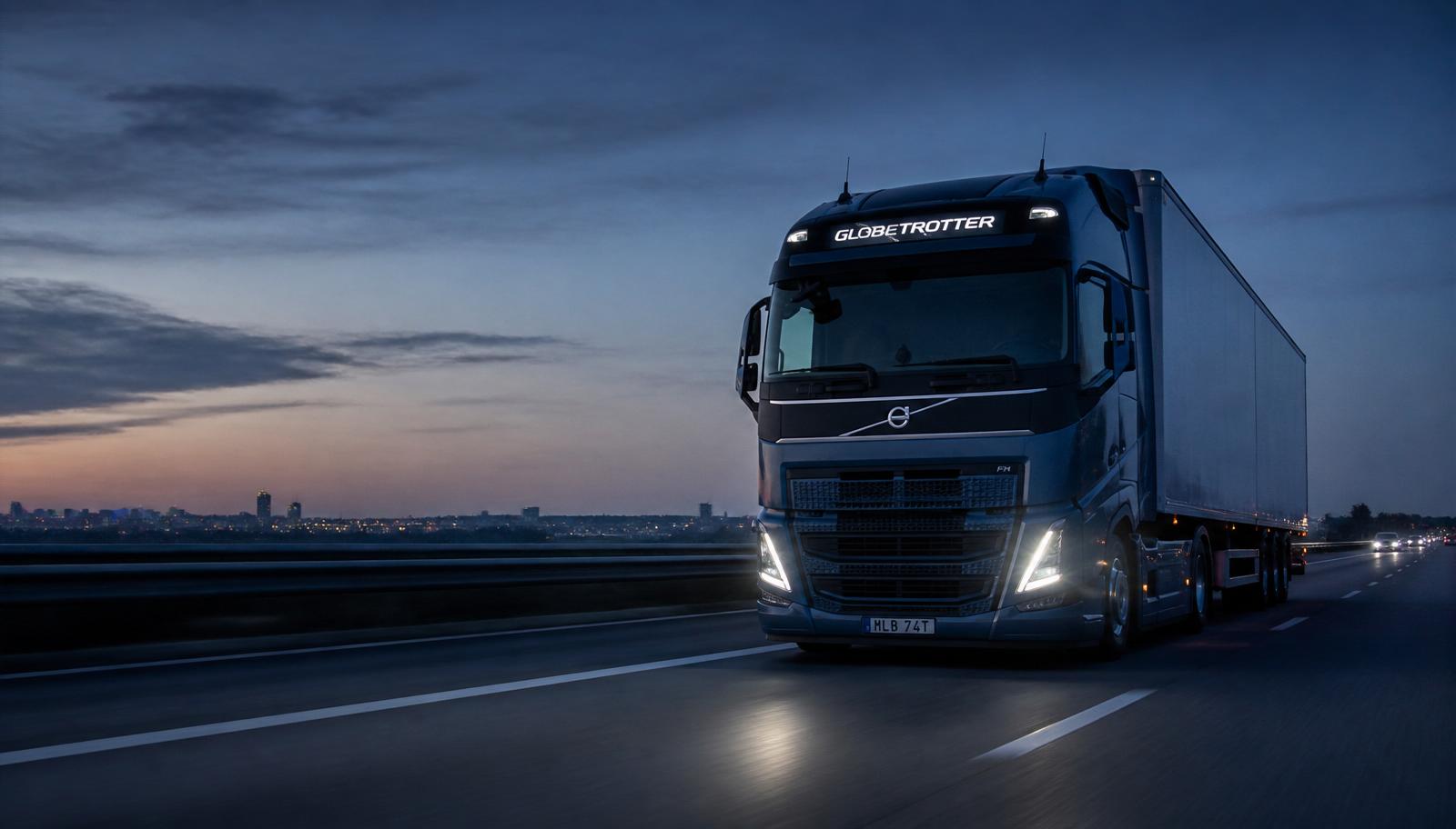 Long-haul semi truck on a European highway at dusk