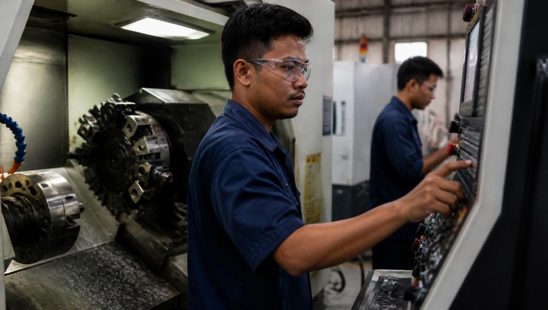 Filipino CNC operator setting up a machining centre in a precision manufacturing workshop