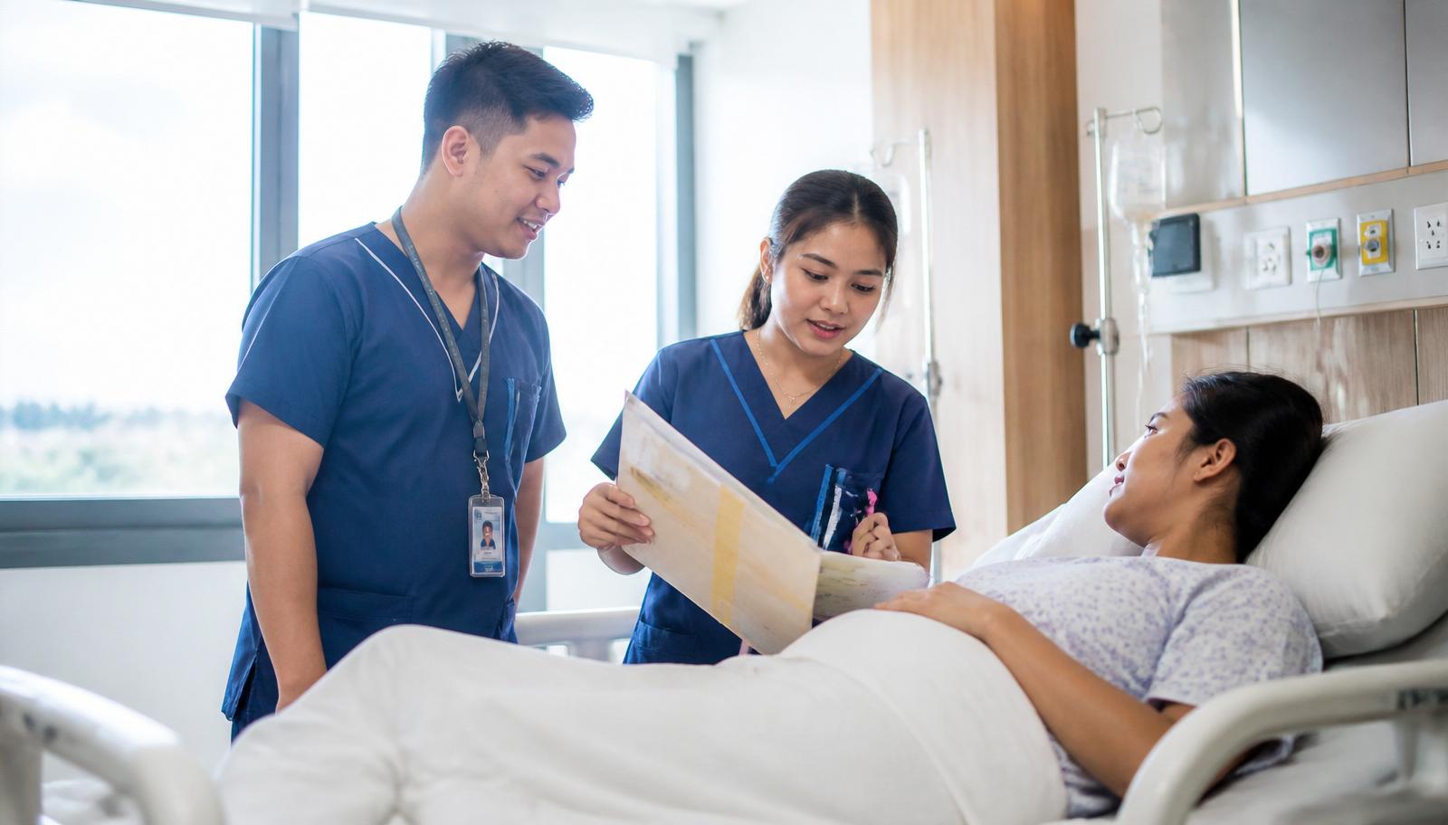 Filipino healthcare assistants in scrubs supporting a patient on a bright hospital ward