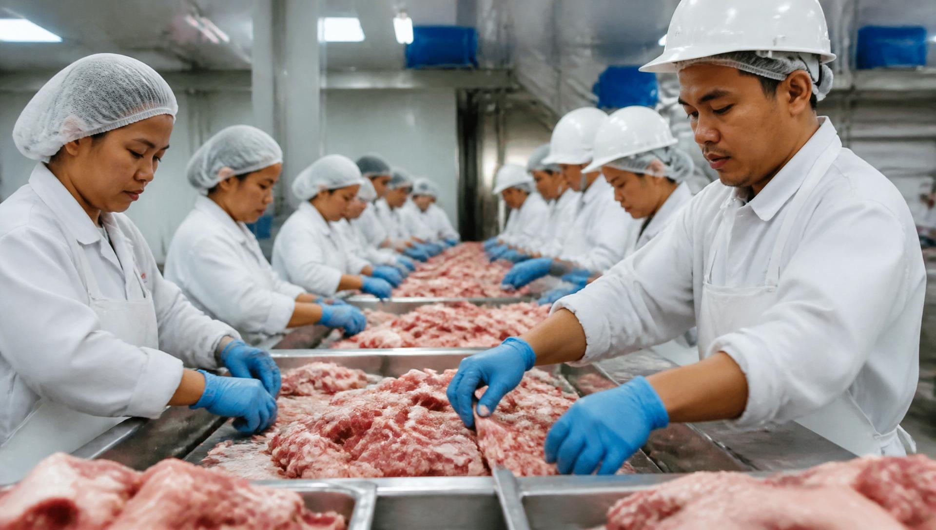 Filipino meat processing workers in white hygiene uniforms working along a stainless steel production line