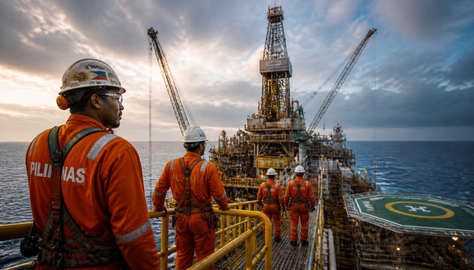 Filipino offshore workers in orange coveralls on an offshore oil platform deck