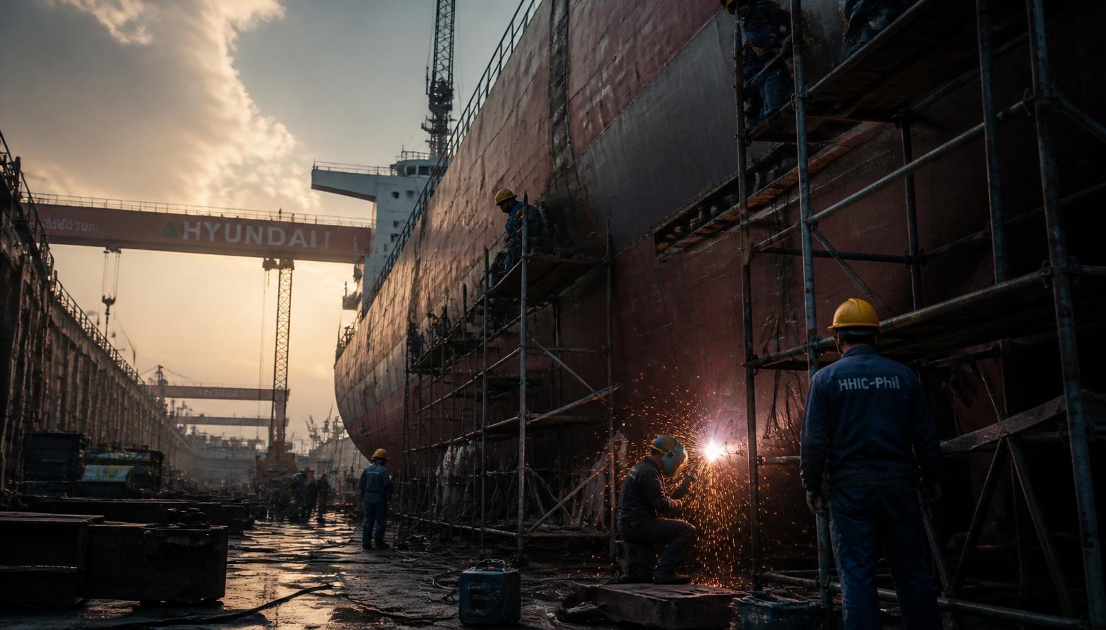 Filipino shipyard workers welding a steel ship hull in a dry dock